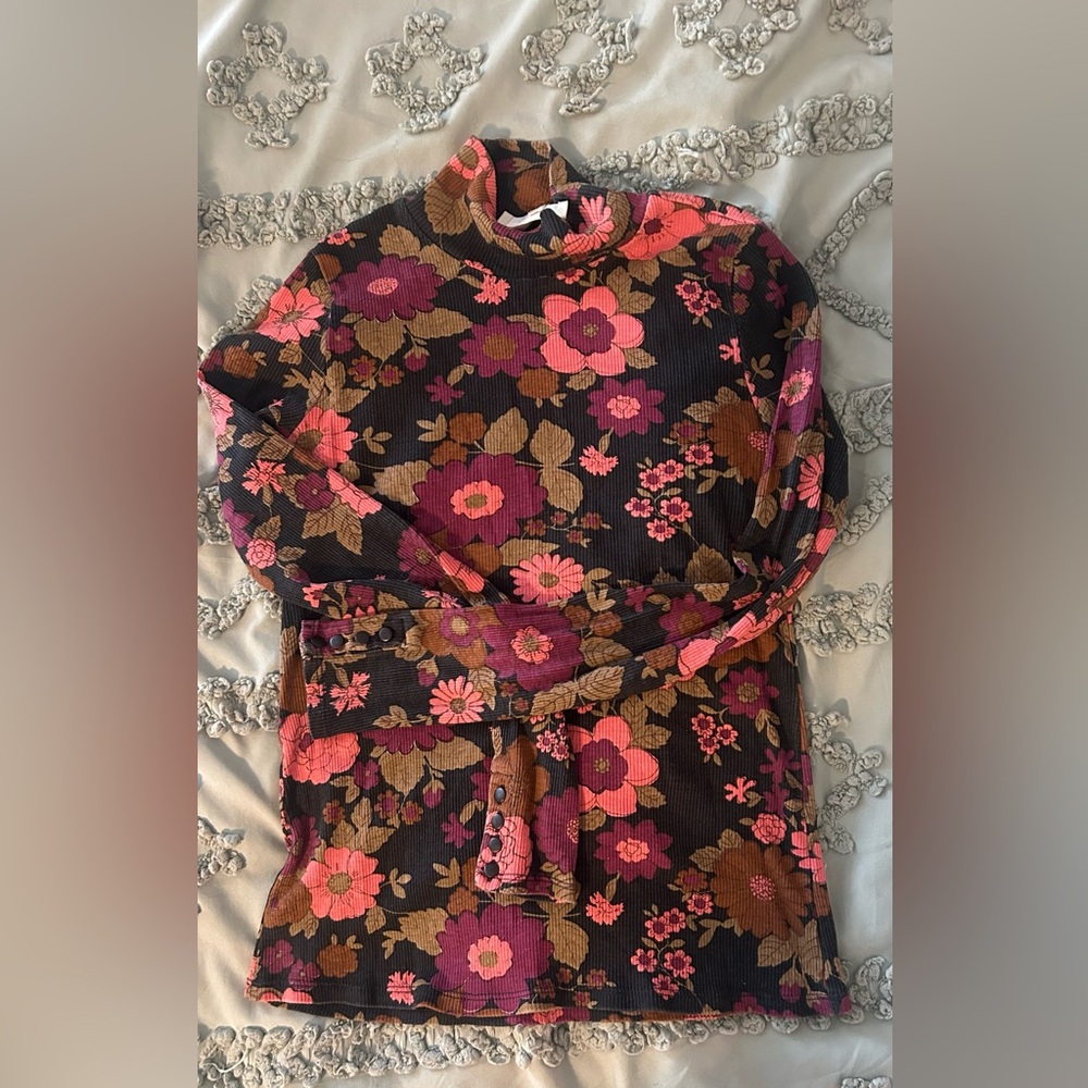 Sezane Black Floral Mock Neck Top with Pink and Brown Flowers